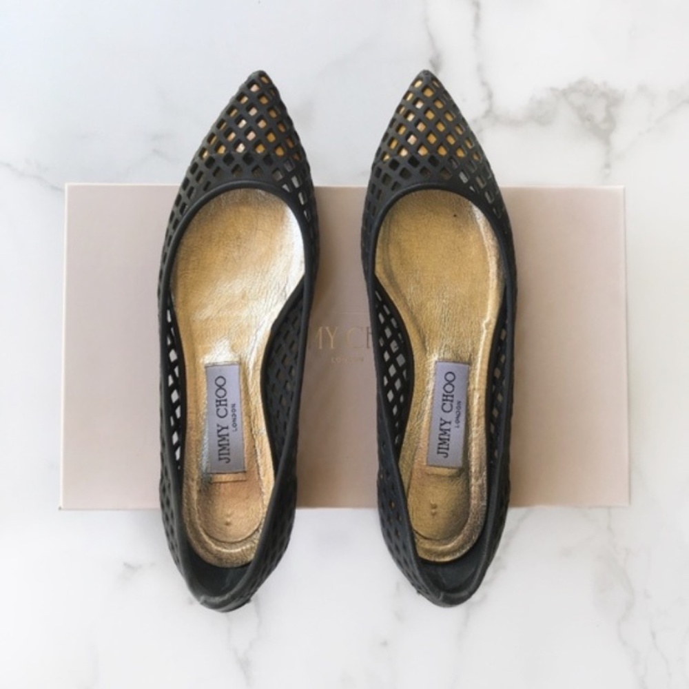 100% AUTHENTIC Jimmy Choo Black Gianna Pointed Toe Perforated Flats Size 38